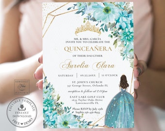 May include: A Quinceañera invitation with a gold geometric frame and blue floral accents. The invitation features a watercolour illustration of a girl in a blue gown with a crown. The text reads "Mr. & Mrs. Garcia invite you to celebrate the Quinceañera of their daughter Aurelia Clara. Saturday 08.25.20XX 11 o'clock St. John's Church 331 George Street, Orlando FL reception to follow at 2:00pm East Lake Golf Club 1633 Taylor Oaks Drive Lawrenceville FL Please RSVP by July 15th Sophia 256-456-8933"