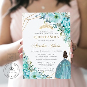 Turquoise Blue Green Floral Quinceañera Invitation Printable, EDITABLE TEMPLATE, Mis Quince 15 Anos Birthday Invite, INSTANT Download, QC10