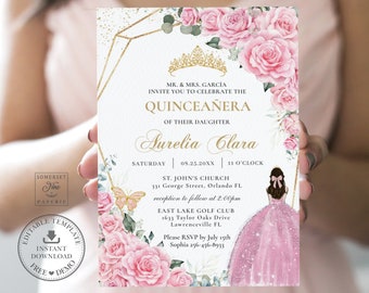 EDITABLE TEMPLATE Pink Floral Roses Gold Quinceañera Invitation, Mis Quince 15 XV Anos Sweet 16th Birthday Invites Printable Download, QC24