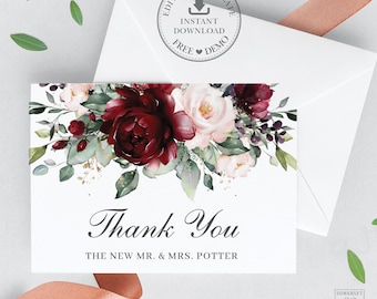 Folded Thank You Card EDITABLE TEMPLATE, Burgundy Pink Blush Floral Greenery Romantic Modern Wedding Pdf Diy Printable, INSTANT Download RB1