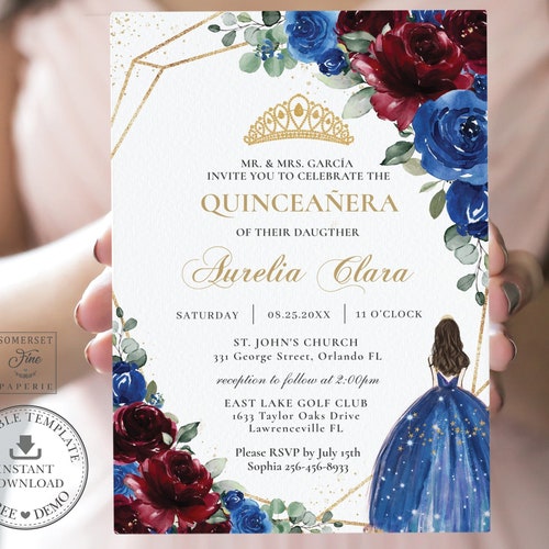 Printable Mis Quince Invite Template Instant Download AC1 Navy Blue Floral Quinceañera Birthday Editable Invitation