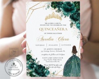 Emerald Green Floral Quinceañera Invitation INSTANT DOWNLOAD, Mis Quince 15 Anos 16th Birthday Invite Diy Editable TemplatePrintable, QC9