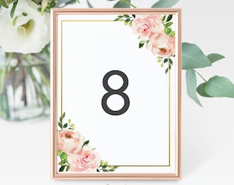 Números de mesa florales imprimibles DESCARGA INSTANTE, Números de mesa de boda, Plantilla editable, DIY imprimible, Flores rosas rubor románticas, BL1