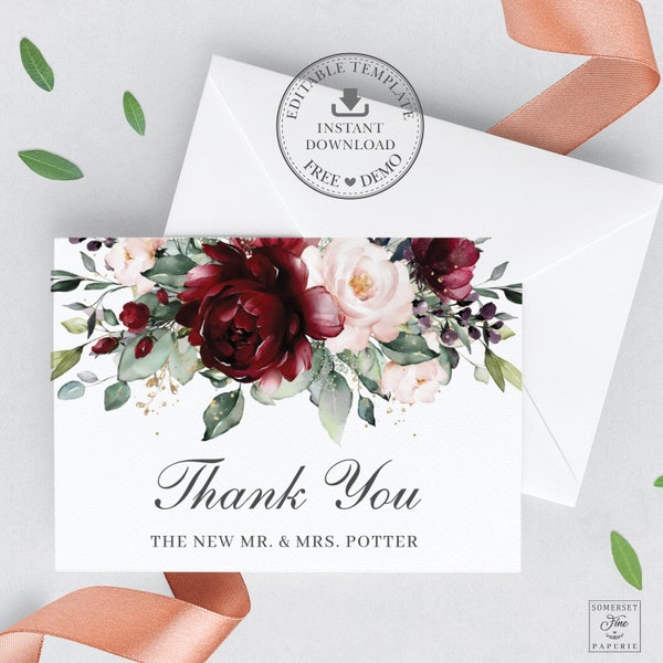 Burgundy Thank You Wedding Cards Etsy
