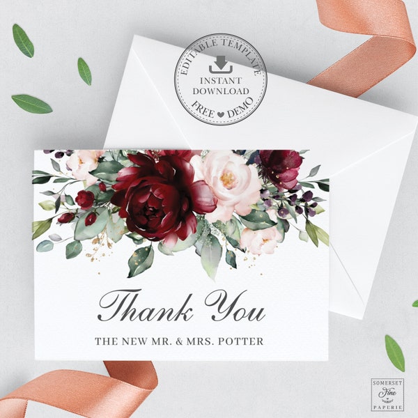 Folded Thank You Card EDITABLE TEMPLATE, Burgundy Pink Blush Floral Greenery Romantic Modern Wedding Pdf Diy Printable, INSTANT Download RB1