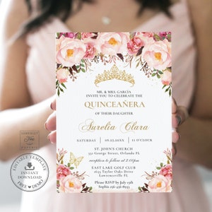 Chic Blush Pink Floral Butterflys Quinceañera Invitation MODÈLE MODIFIABLE, Mis Quince 15 Anos Birthday Téléchargement instantané PDF Imprimable QC12