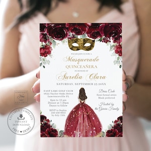 EDITABLE Burgundy Red Floral Masquerade Gold Quinceañera Invitation Mis Quince XV 15 Sweet 16 Birthday Invites DIY Download Printable QC6