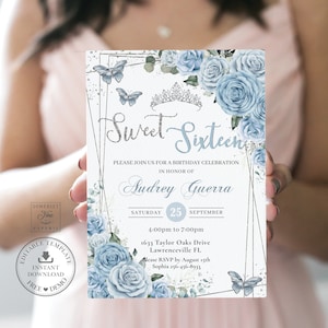 Baby Blue Floral Silver Sweet 16 Sixteen 16th Birthday Invitation EDITABLE TEMPLATE, Quinceañera Tiara Crown Butterflies DIY Printable, QC18