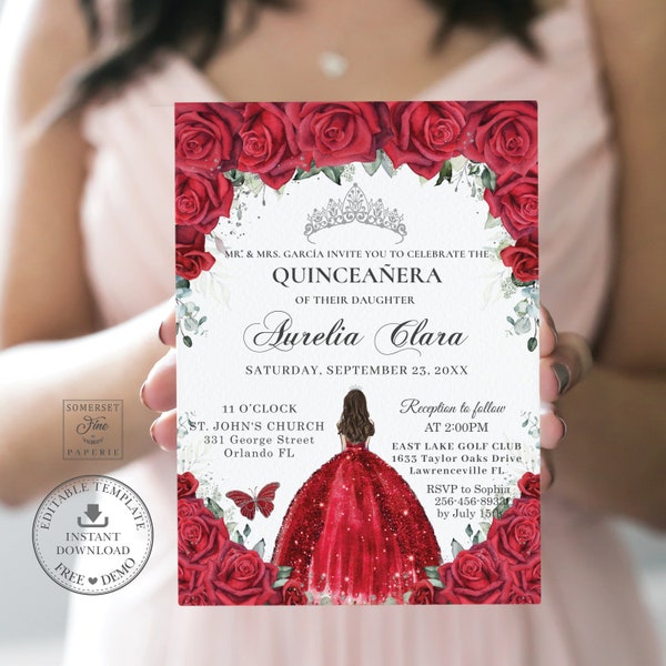 Vibrant Red Floral Roses Silver Quinceañera Invitation EDITABLE TEMPLATE Quince 15 Sweet 16th Birthday Diy Invites Printable Download, QC19
