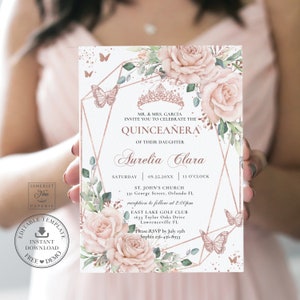 Chic Blush Pink Floral Rose Gold Quinceañera Invitation Printable EDITABLE TEMPLATE Butterflies Mis Quince 15 16th 18th Birthday Invite QC76