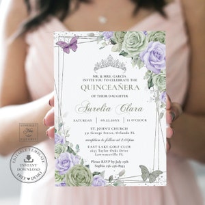 EDITABLE Sage Green Purple Lavender Floral Silver Butterflies Quinceañera Invitation Mis Quince 15 16th Birthday Printable Download QC67