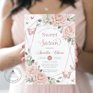 Chic Blush Pink Floral Rose Gold Sweet Sixteen 16th Birthday Invitation Printable EDITABLE TEMPLATE Butterflies Quinceañera 18th Invite QC76