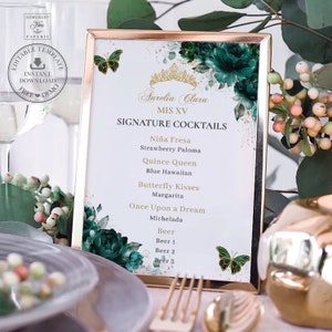 Emerald Green Floral Butterflies Gold Cocktails Bar Menu Sign EDITABLE TEMPLATE Quinceañera 15 XV Sweet Sixteen 16th Birthday Printable QC9