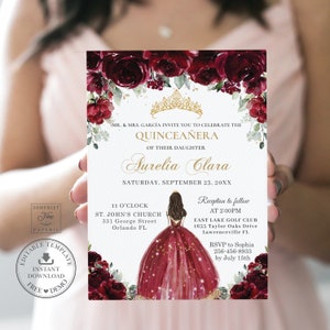 Burgundy Red Floral Quinceañera Invitation INSTANT DOWNLOAD, Gold Mis Quince 15 Anos Birthday Invite Diy Editable Template PDF Printable QC6