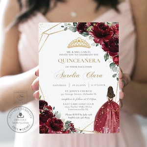 Burgundy Red Floral Quinceañera Invitation INSTANT DOWNLOAD, Mis Quince 15 Anos Birthday Invite Diy Editable Template, PDF Printable, QC6