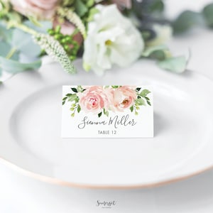 Fard à joues rose fleurs verdure place cartes modèle modifiable imprimable, mariage mariée bébé douche anniversaire invités noms, téléchargement immédiat, BL1