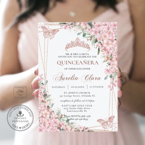 Cherry Blossoms Floral Rose Gold Quinceañera Invitation Printable EDITABLE TEMPLATE Butterflies Mis Quince 15 16th 18th Birthday Invite QC46