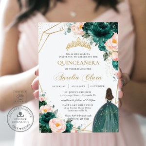 Emerald Green Blush Floral Quinceañera Invitation INSTANT DOWNLOAD, Mis Quince 15 Birthday Invite Diy Editable Template, PDF Printable, QC20