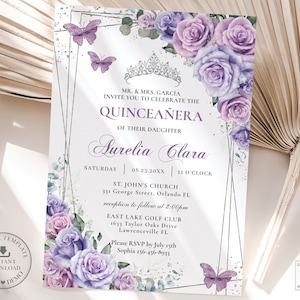 Lavender Lilac Purple Floral Silver Quinceañera Invitation INSTANT DOWNLOAD Butterfly Quince 15 Anos Birthday Invite EDITABLE Template QC37