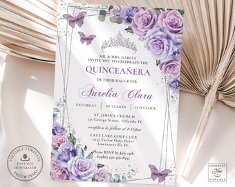 May include: Purple and white Quinceañera invitation with a silver frame and floral design. The invitation includes the text "MR. & MRS. GARCÍA INVITE YOU TO CELEBRATE THE QUINCEAÑERA OF THEIR DAUGHTER Aurelia Clara" and details for the event.