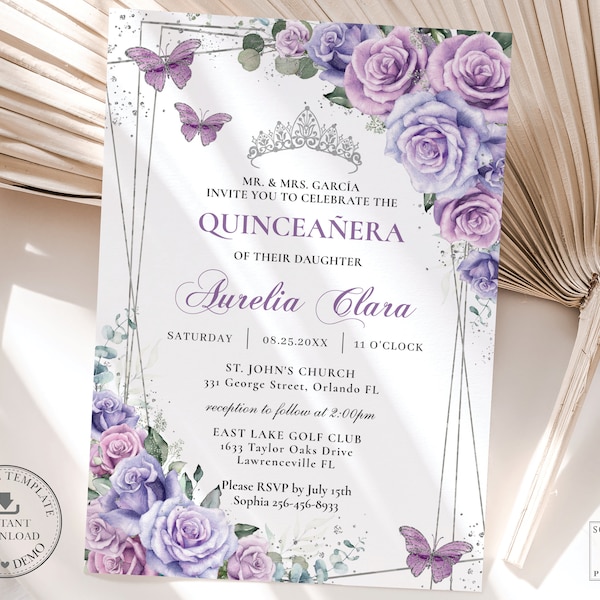 Lavanda Lila Púrpura Floral Plata Quinceañera Invitación DESCARGA INSTANTE Mariposa Quince 15 Anos Cumpleaños Invitación EDITABLE Plantilla QC37