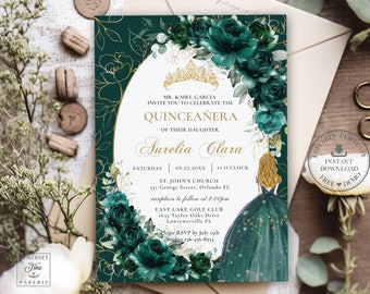 EDITABLE TEMPLATE Emerald Green Floral Blonde Princess Gold Quinceañera Invitation 15 XV Anos 16th Birthday Invites Download Printable QC9