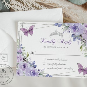 Purple Lilac Floral Butterflies Quinceañera RSVP Card INSTANT Download, Mis Quince 15 Anos Birthday Reply Editable Template Printable QC3
