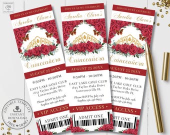 Red Floral Gold Princess Crown Quinceañera VIP Ticket Invitation EDITABLE Template Quince 15 XV Sweet 16th Birthday Download Printable QC19