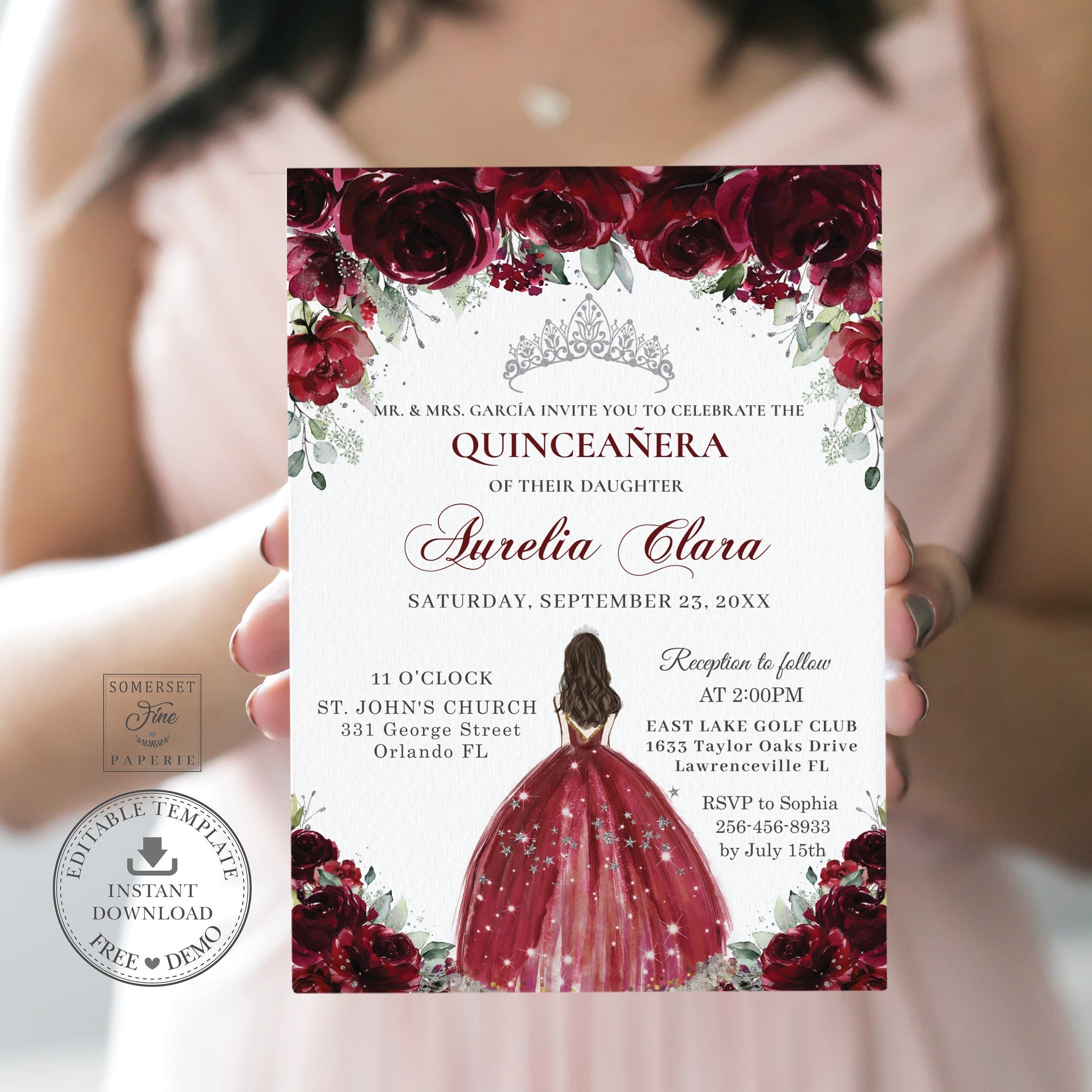 Burgundy Red Floral Quinceañera Invitation INSTANT DOWNLOAD, Silver Mis  Quince 15 Anos Birthday Invite DIY Editable Template Printable QC6 - Etsy, image size:3000x3000