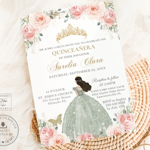 EDITABLE Template Blush Pink Floral Roses Quinceañera Invitation Printable Sage Green Dress Mis Quince 15 XV Sweet 16 Birthday Download QC7