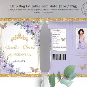 EDITABLE TEMPLATE Chip Bag Purple Lilac Floral Butterflies Quinceañera Mis Quince 15 16th Birthday Favor Instant Download PDF Printable QC3