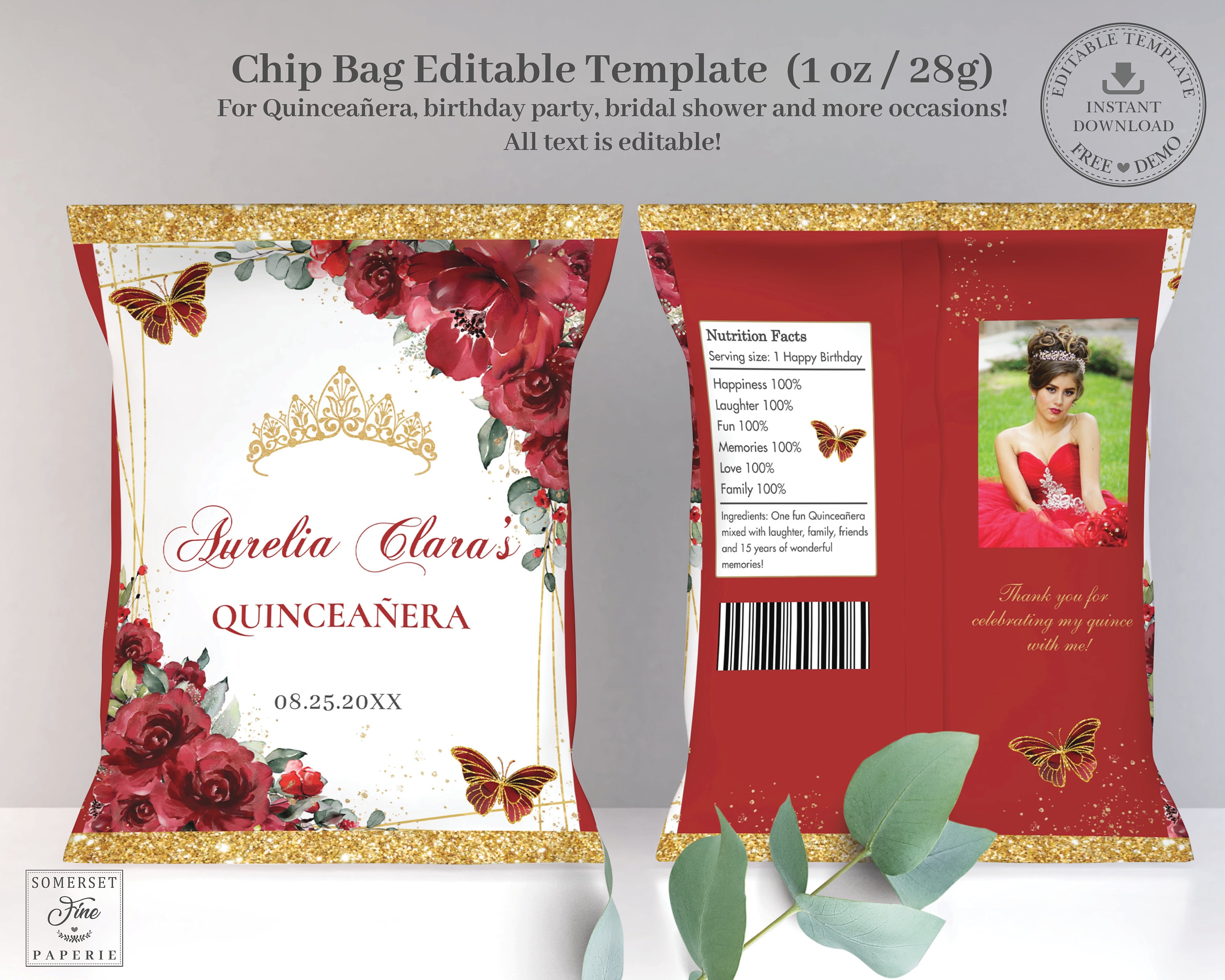 EDITABLE TEMPLATE Chip Bag Red Floral Butterflies Quinceañera - Etsy