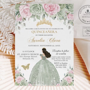 EDITABLE Sage Green Pink Floral Gold Princess Quinceañera Invitation Mis Quince XV 15 Sweet 16 Sixteen 18th Birthday Printable Download QC49