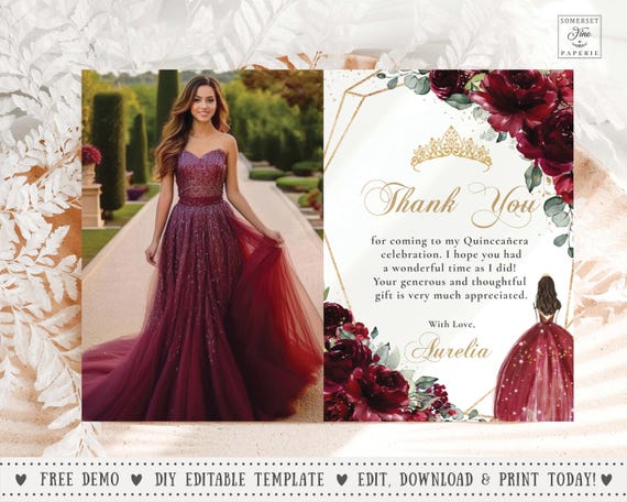 Burgundy Floral Gold Princess Dress Quinceaera Photo Thank You Card EDITABLE TEMPLATE Quince 15 XV Sweet16 Birthday Instant Download QC6 - Etsy Ireland Burgundy Floral Gold Princess Dress Quinceaera Photo Thank You Card EDITABLE TEMPLATE Quince 15 XV Sweet16 Birthday Instant Download QC6 - Etsy Ireland