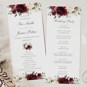 EDITABLE Slim Burgundy Maroon Ivory White Floral Flower Wedding Program Bridal Ceremony Quinceanera Order of Events Printable Download QC59