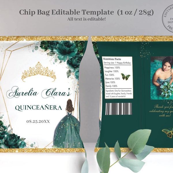 EDITABLE TEMPLATE Chip Bag Emerald Green Floral Princess Dress Quinceañera Mis Quince 15 Anos Birthday Favor Instant Download Printable QC9