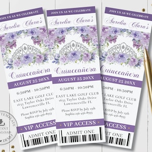 Purple Lilac Floral Silver Crown Butterfly Quinceañera Ticket Invitation EDITABLE TEMPLATE Quince 15 Birthday Instant Download Printable QC3