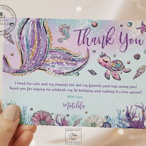 EDITABLE TEMPLATE Mermaid Thank You Note Printable, 4.25"x5.5" Card ...