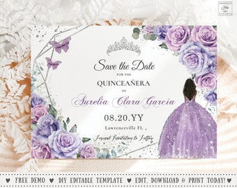 May include: A purple and silver save the date card with a watercolour design of flowers, butterflies, and a crown. The text reads "Save the Date for the Quinceañera of Aurelia Clara Garcia 08.20.YY Lawrenceville FL. Formal Invitation to Follow."