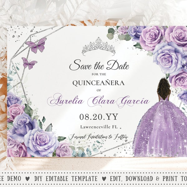 Purple Lilac Lavender Floral Silver Quinceañera Save the Date Card EDITABLE TEMPLATE Brown Princess Quince 15th 16th Birthday Printable QC37