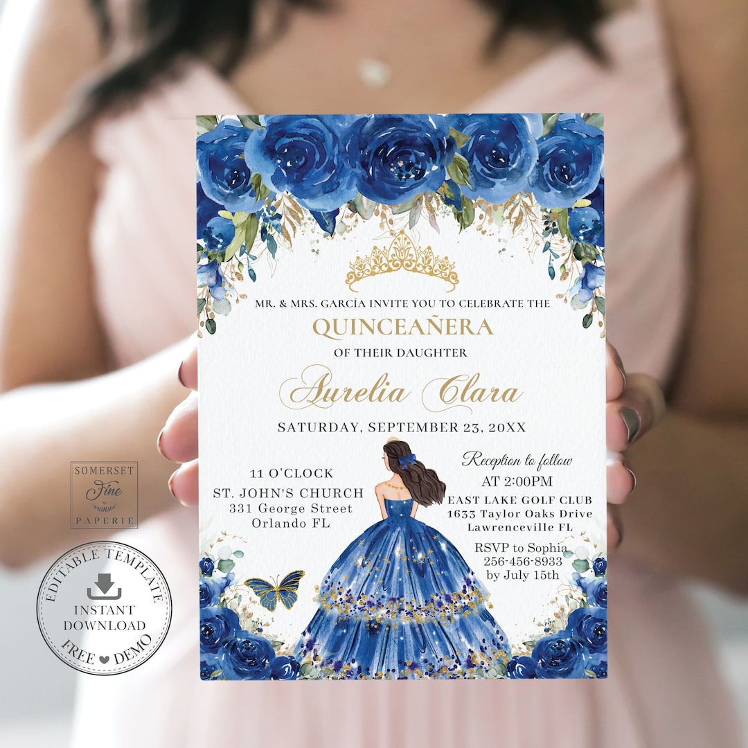 Royal Blue Floral Quinceañera Invitation, Printable