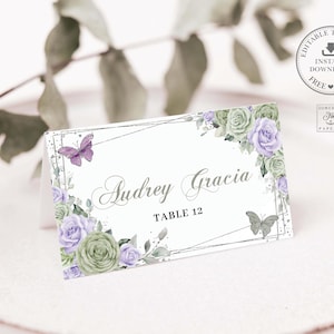 Sage Green Purple Lavender Floral Silver Place Cards Printable EDITABLE TEMPLATE Tent Guest Name Quinceañera Sweet 16 Birthday Download QC67