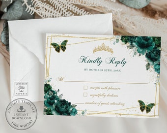 Emerald Green Floral Butterflies Quinceañera RSVP Card Printable EDITABLE TEMPLATE, Mis Quince 15 Anos Diy Birthday, Instant Download, QC9