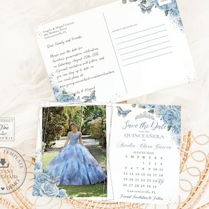 Baby Blue Floral Quinceañera Photo Calendar Save the Date Postcard Printable EDITABLE TEMPLATE 15 Mis Quince XV 16th Birthday Download QC18