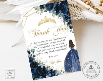 Navy Blue Floral Princess Gold Quinceañera Thank You Card EDITABLE TEMPLATE Mis Quince 15 Sweet 16 Birthday Instant Download Printable QC17