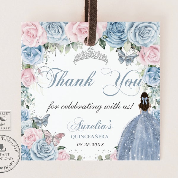 EDITABLE TEMPLATE Square Favor Candle Label Baby Blue Light Pink Floral Princess Quinceaneara 15th Birthday Sweet 16 Printable Download QC55