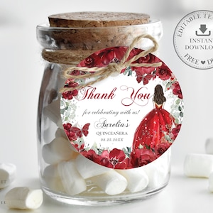 EDITABLE TEMPLATE 2&quot; Circle Favor Label Red Floral Princess Silver Quinceaneara XV 15th Birthday Sweet 16 Printable Instant Download QC13