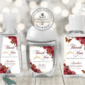 Red Floral Gold Crown Butterflies Quinceañera Hand Sanitizer Labels, EDITABLE TEMPLATE, PocketBac 15th 16th Birthday Favors Printable QC13
