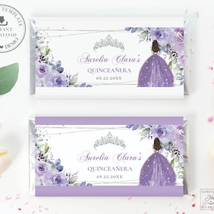 Purple Lilac Floral Silver Princess Chocolate Bar Wrapper, EDITABLE TEMPLATE, Quinceanera 16th Birthday Aldi Hershey&#39;s Labels Printable QC3