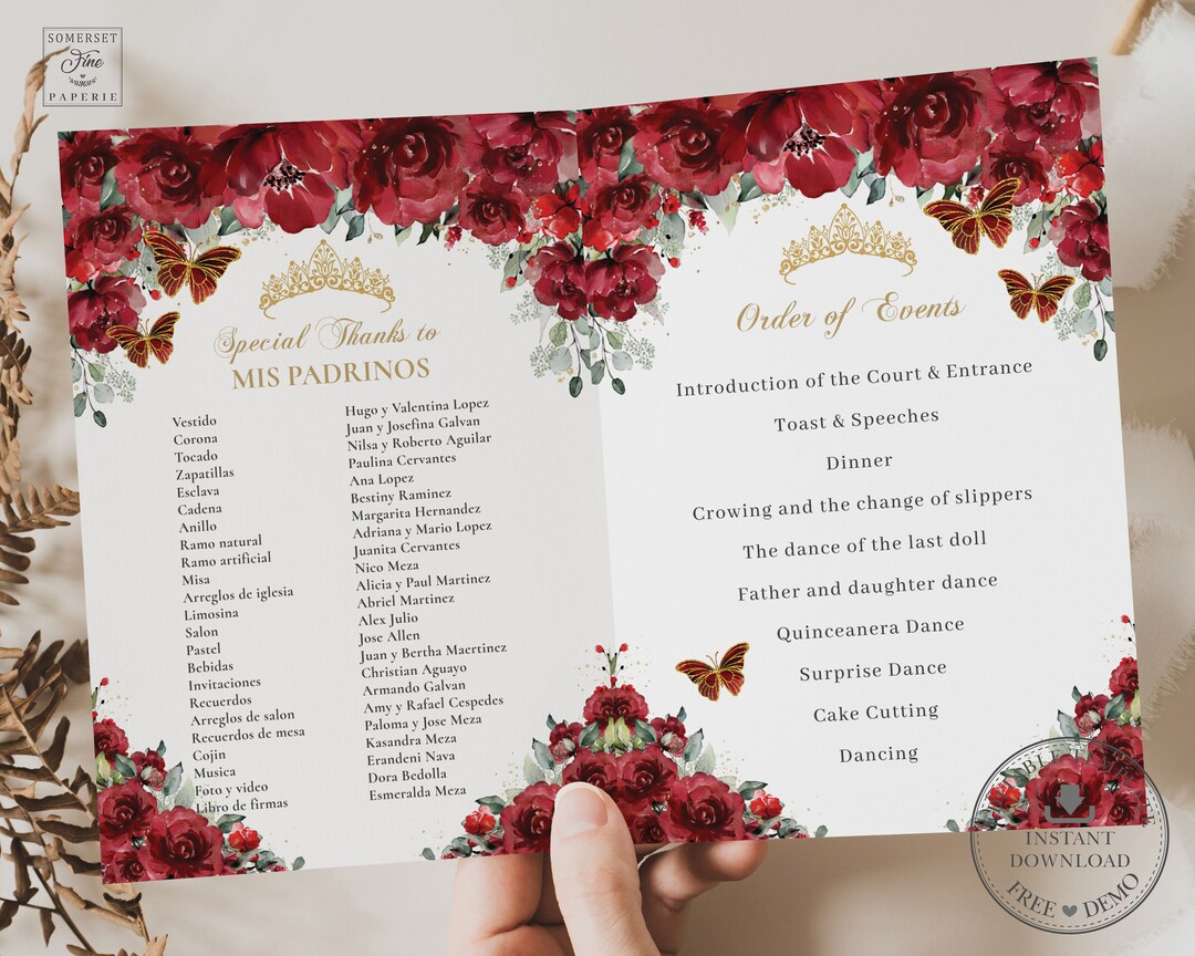 Red Floral Gold Princess Butterflies Quinceañera Program Printable Red Floral Gold Princess Butterflies Quinceañera Program Printable